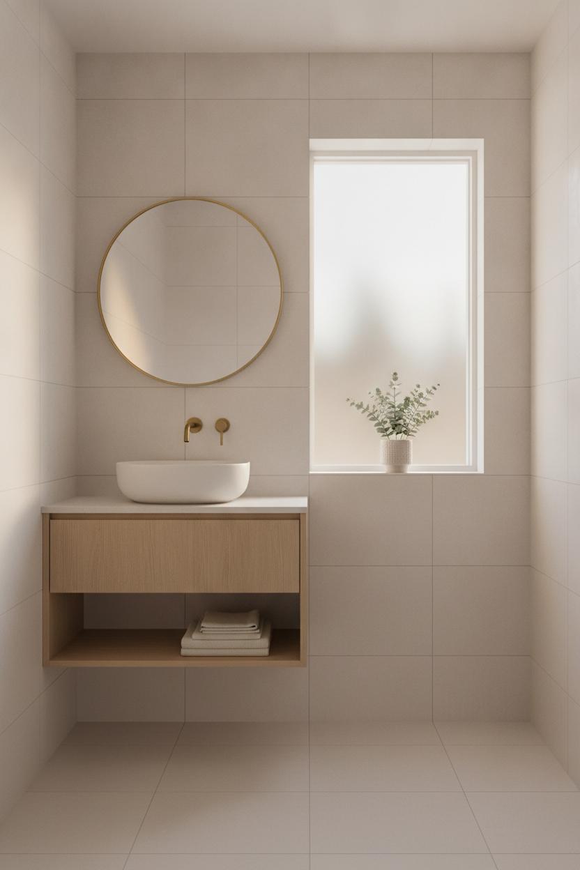 Serene small bathroom with white matte tiles, pale oak vanity, brass mirror, and eucalyptus — small <a href=