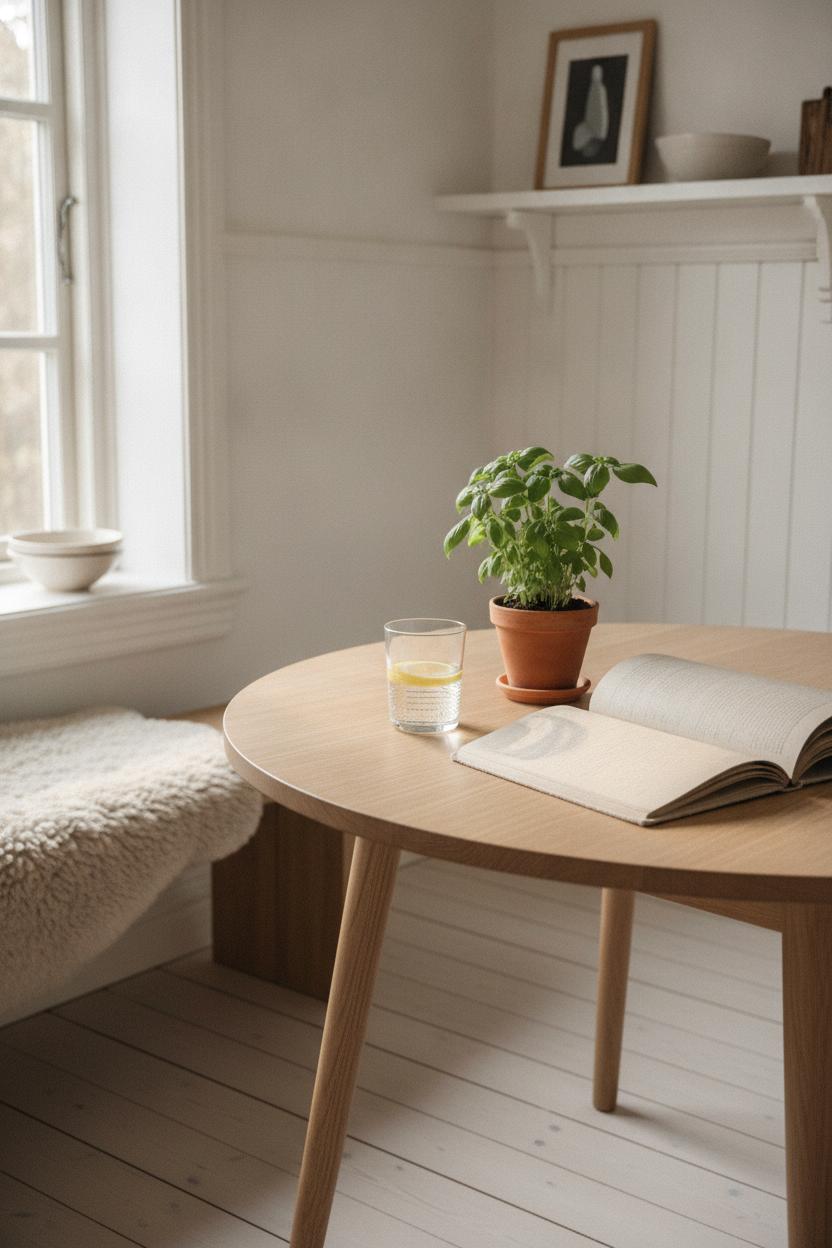 Scandinavian kitchen nook with lemon water, herbs, and open notebook supporting a self care routine at home daily