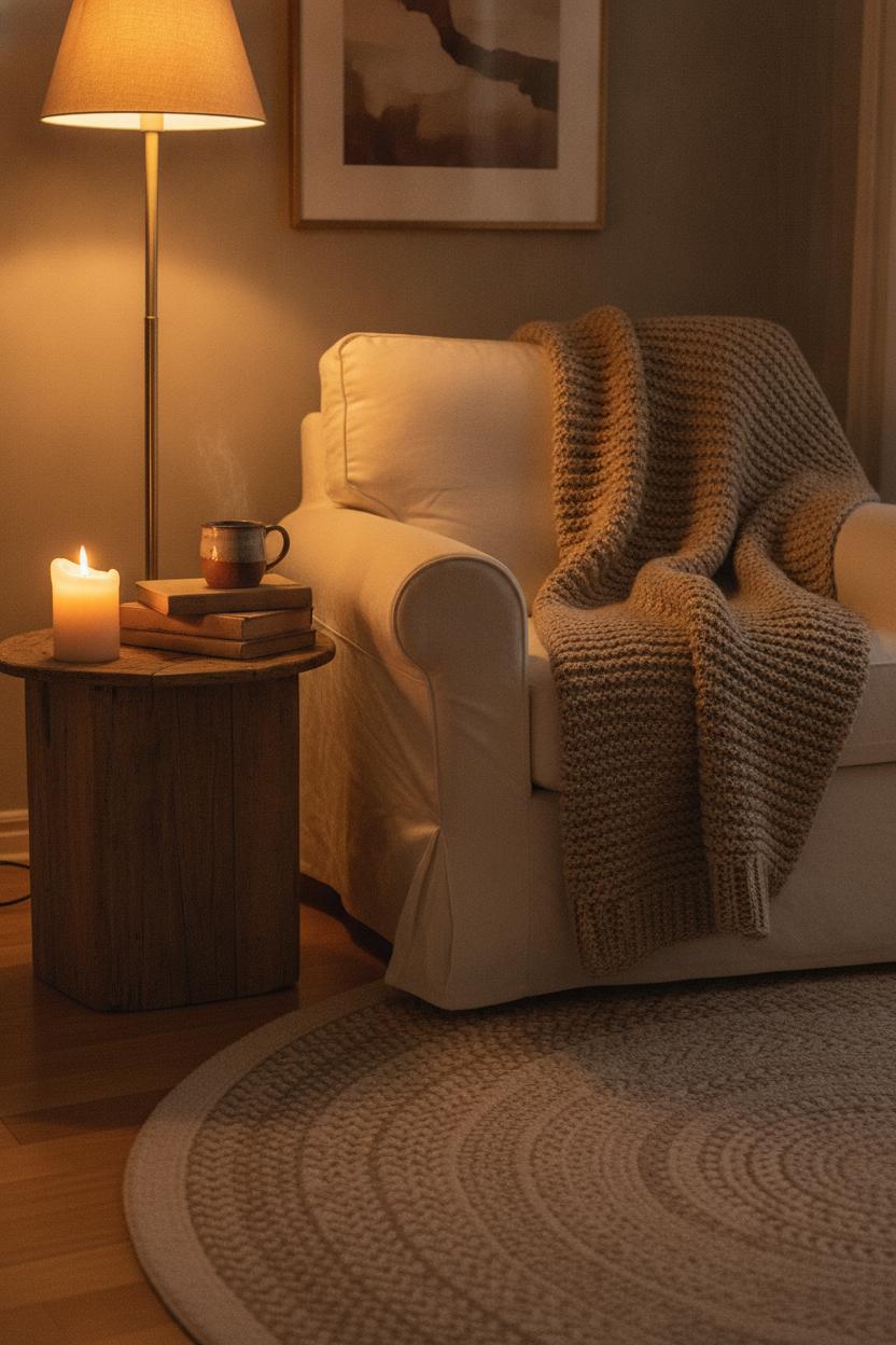 Cozy living room corner with knit throw, candle, and books for a self care routine at home daily