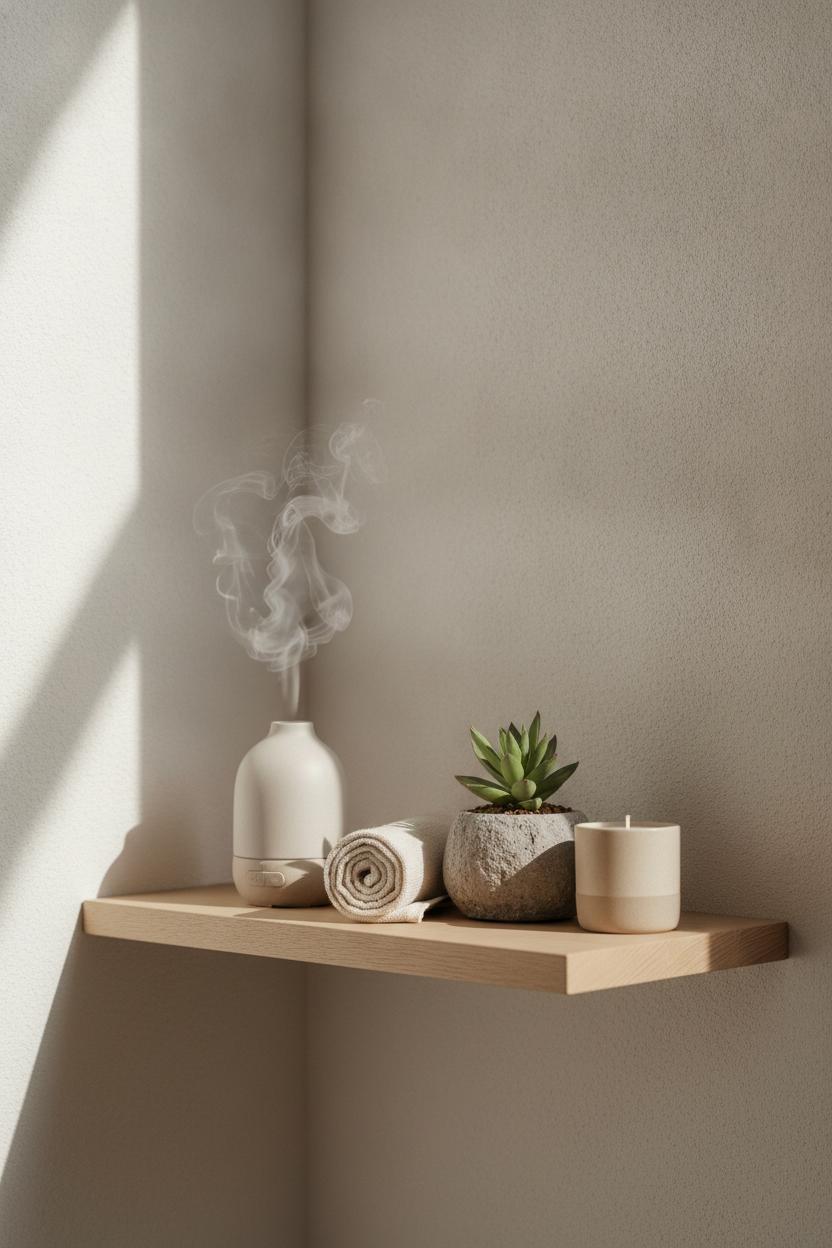 Minimalist wellness nook with diffuser, succulent, and candle supporting a calming self care routine at home daily