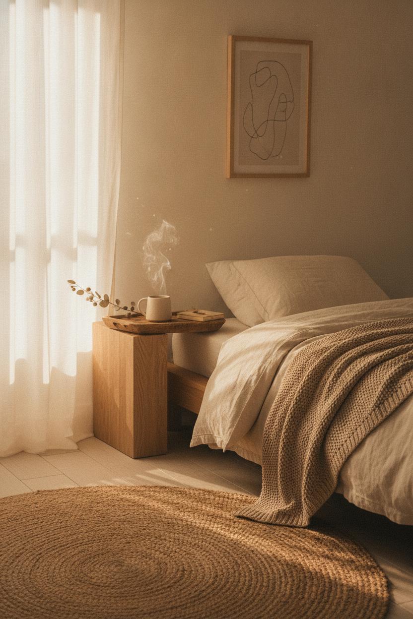 Minimalist bedroom corner with tea, journal, and dried flower at sunrise — self care routine at home daily