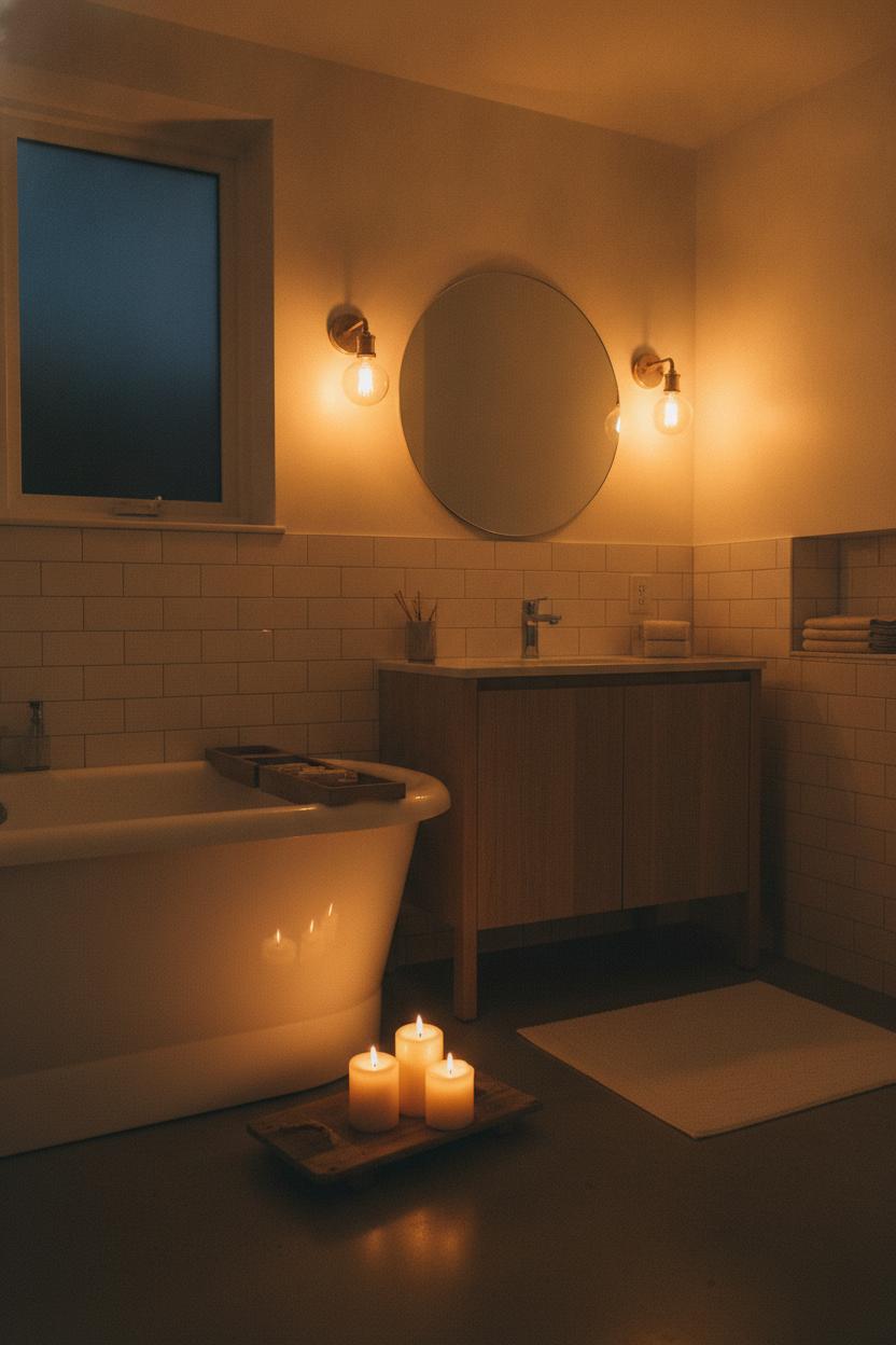 Cozy small bathroom aesthetic decor ideas with Edison sconces, round mirror, and glowing candles on a wooden tray