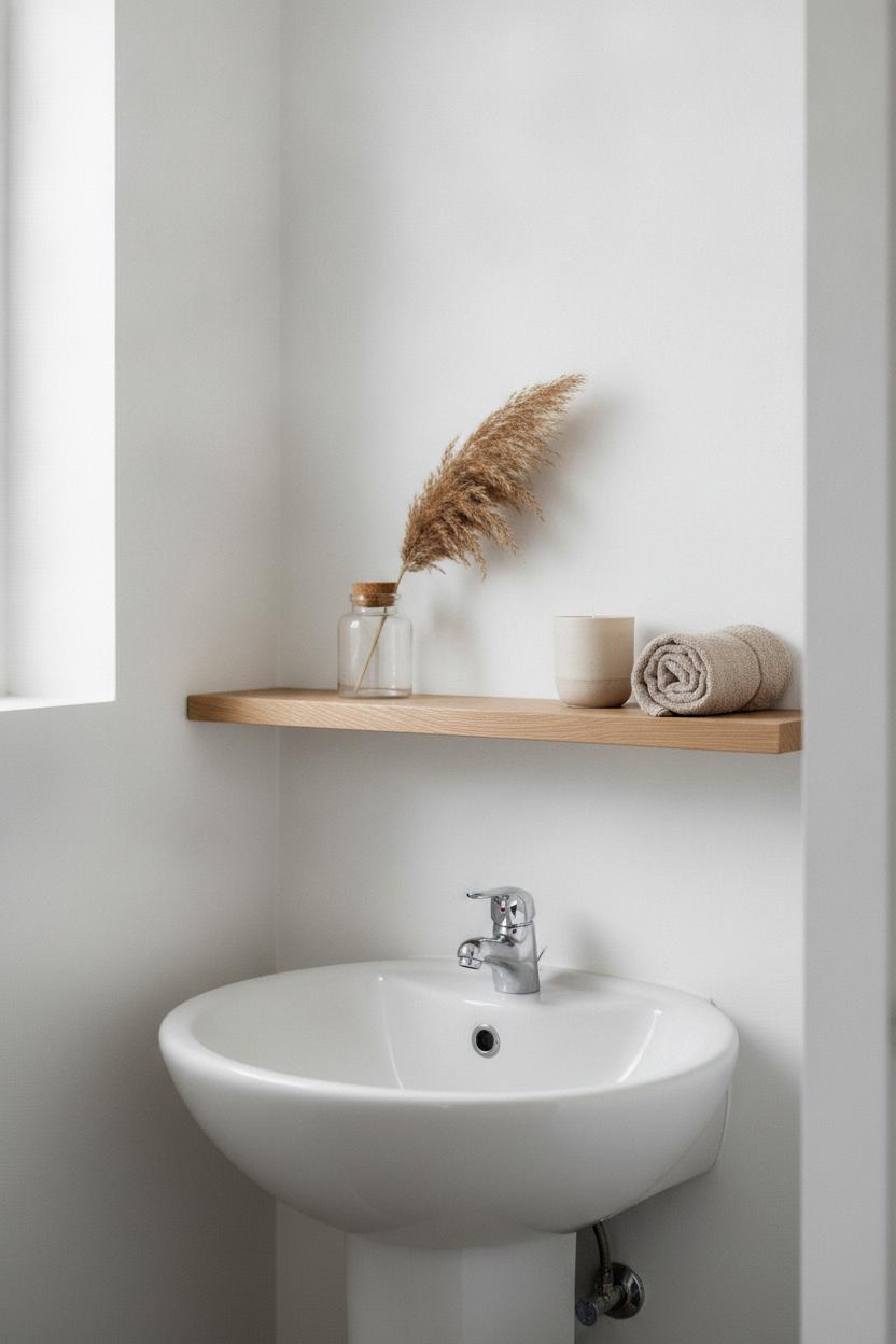 Floating wooden shelf styled with candle, pampas grass, and rolled towel — small bathroom aesthetic decor ideas done minimalist.