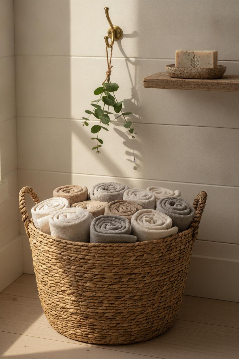 Woven basket with rolled towels, eucalyptus bundle, and ceramic soap dish — small bathroom aesthetic decor ideas on a shiplap wall
