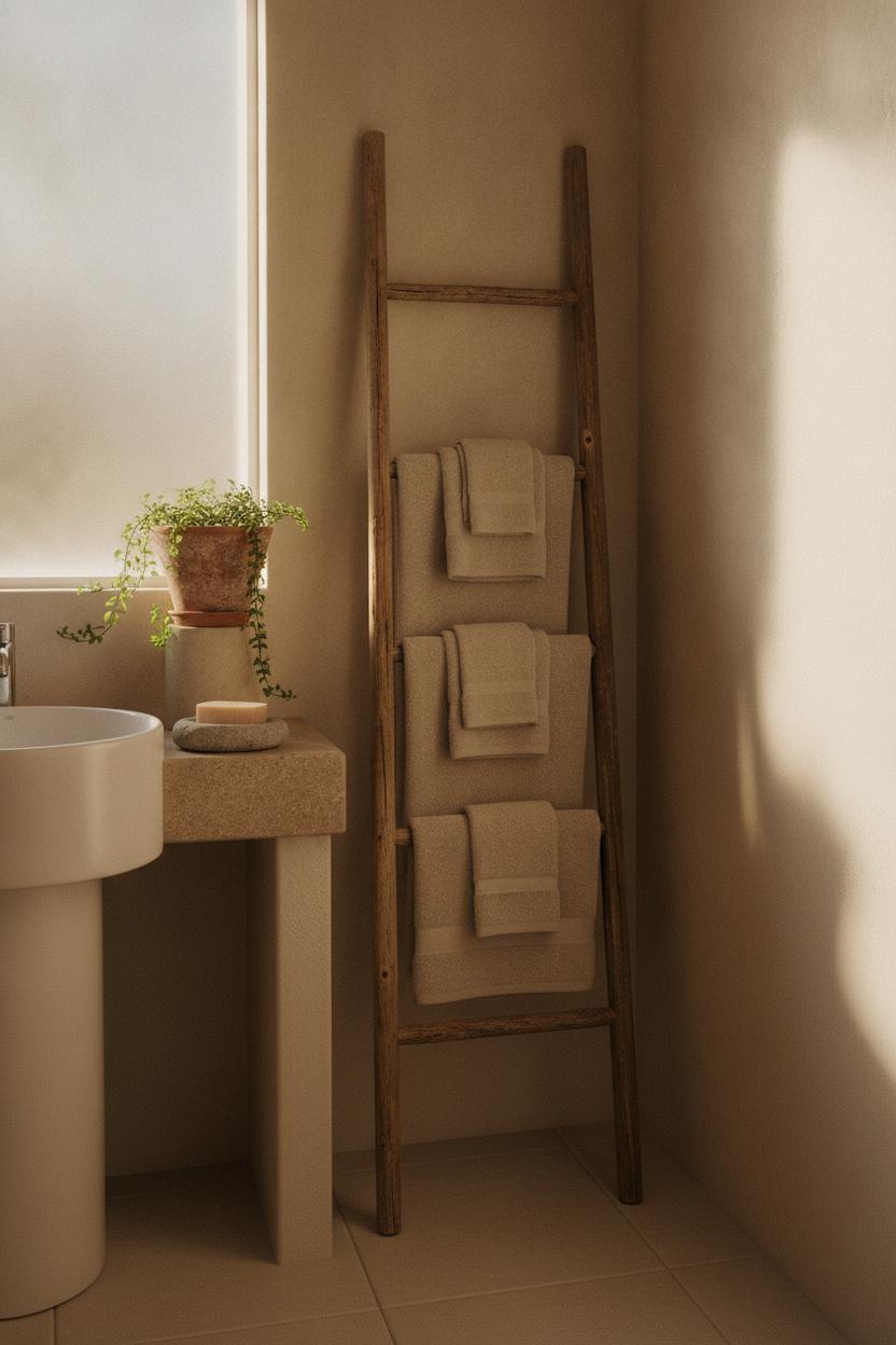 Cozy small bathroom aesthetic decor ideas with beige linen towels, wooden ladder shelf, stone soap dish, and terracotta plant