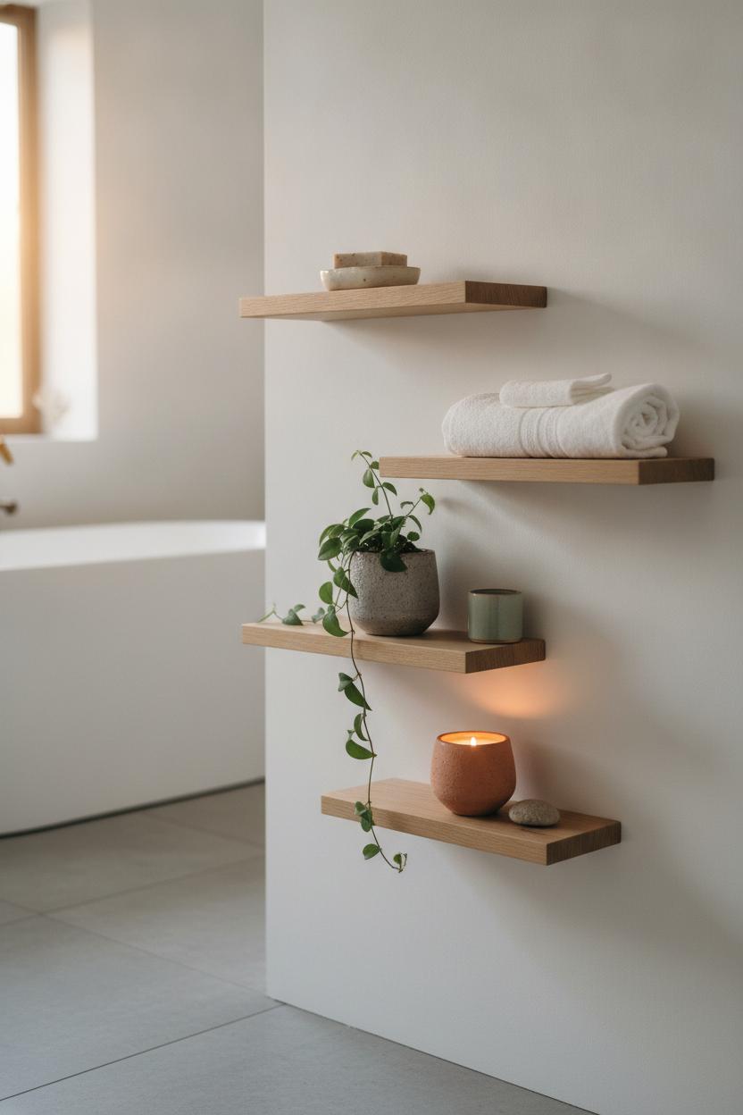 Minimalist floating oak shelves with plants, towels, and candles — small bathroom storage ideas in warm morning light