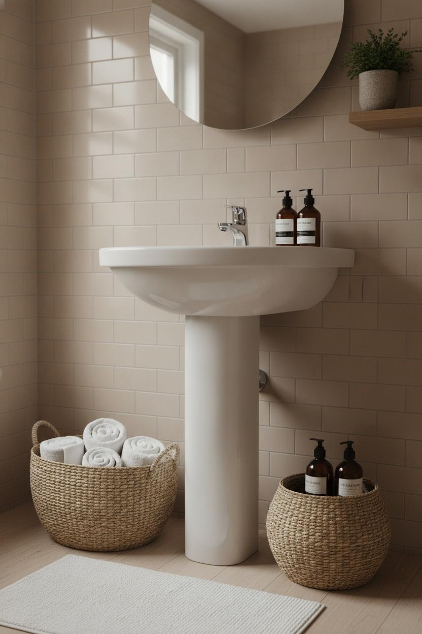 Scandinavian bathroom vanity with seagrass baskets storing towels and toiletries — small bathroom storage ideas done right