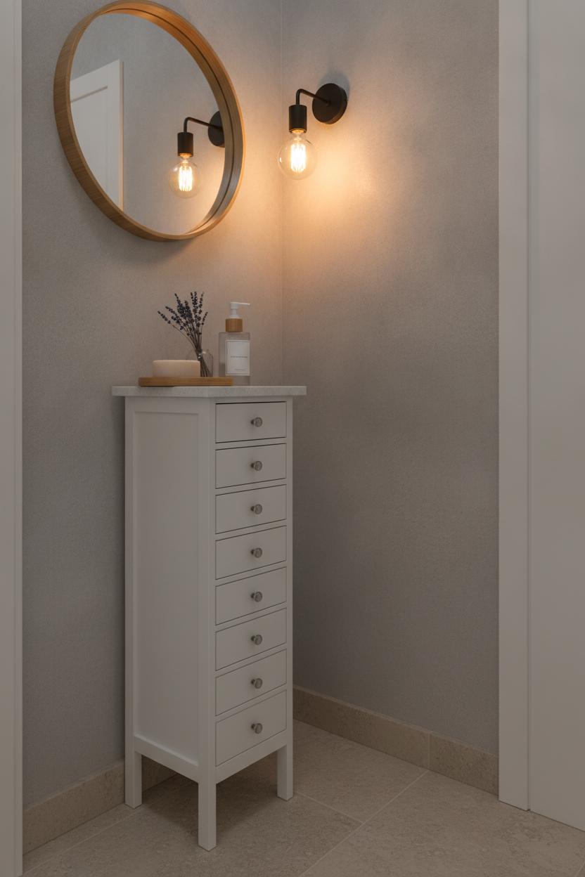 Small bathroom storage ideas: slim apothecary cabinet with bamboo mirror, soap, lavender, and lotion in cozy corner