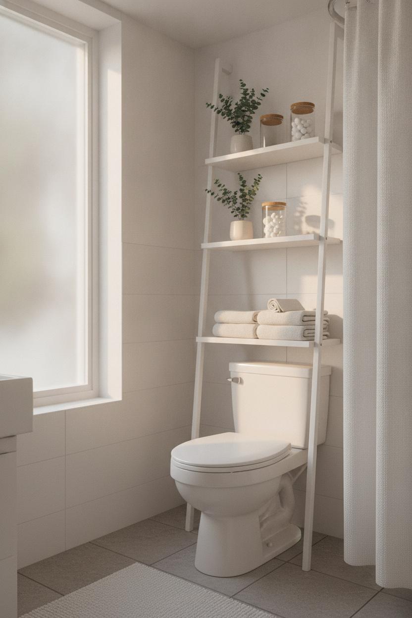 White ladder shelf over toilet with towels, plants, and glass jars — small bathroom storage ideas for vertical space