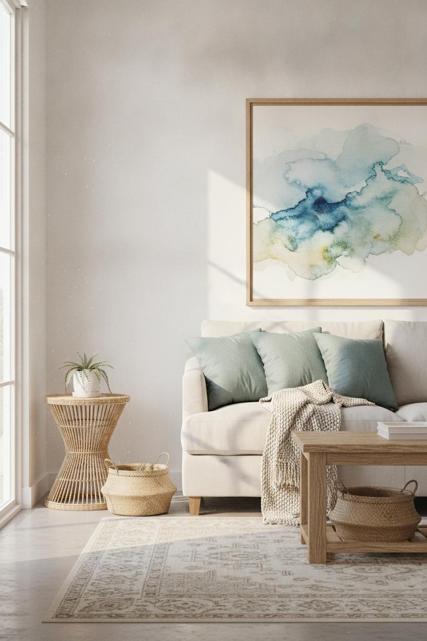 Coastal boho living room decor ideas with washed white walls, turquoise pillows, rattan furniture, and ocean watercolor art