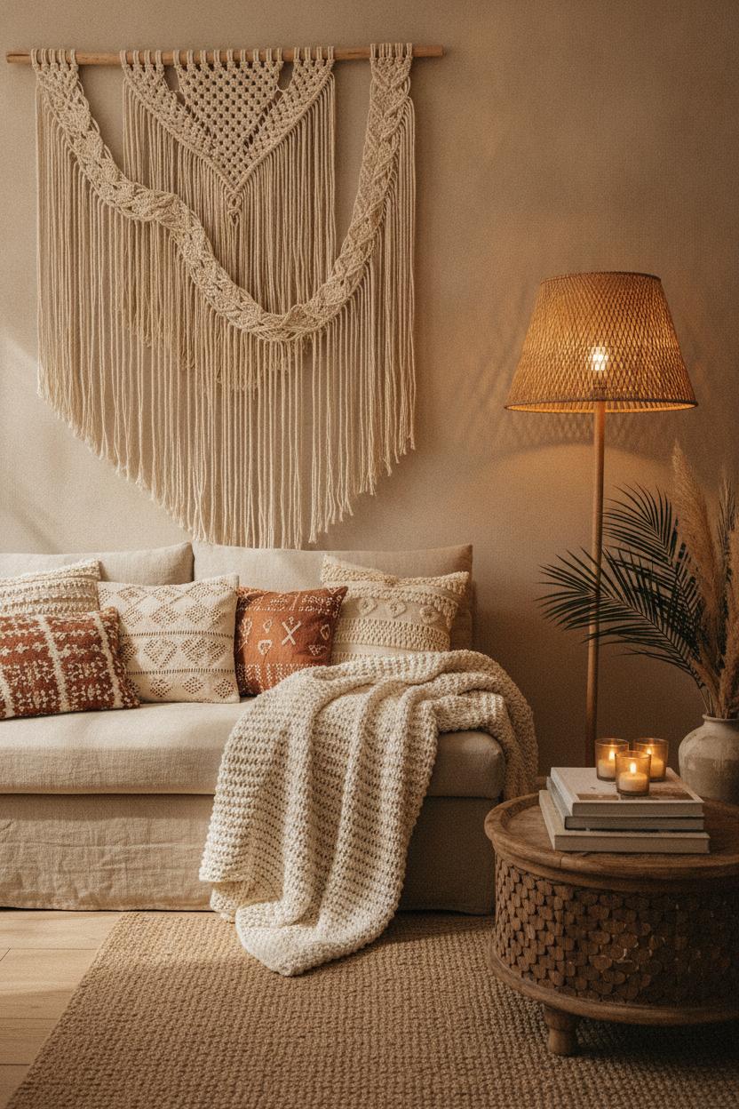 Cozy coastal boho living room decor ideas with macramé wall art, linen sofa, chunky knit throws, and warm candlelight