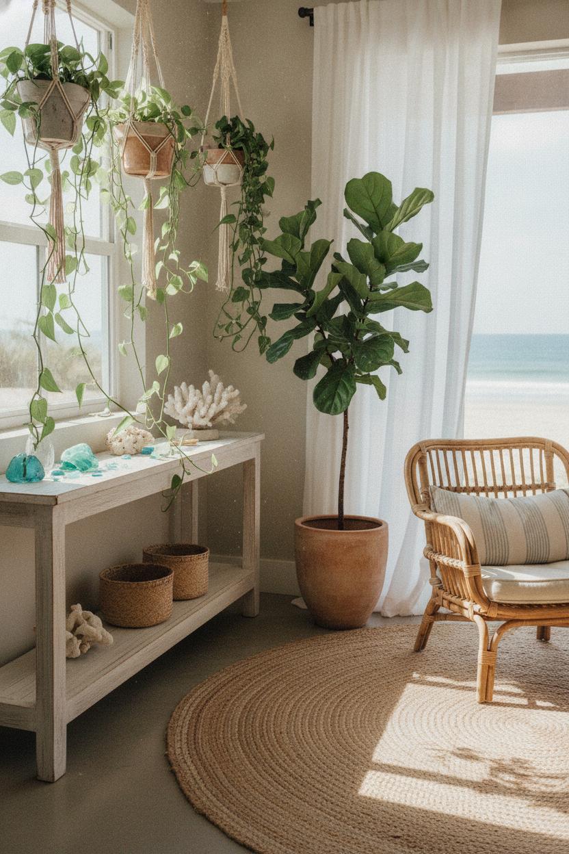Sunlit coastal boho living room decor ideas with pothos, fiddle leaf fig, sea glass shelf, and rattan chair