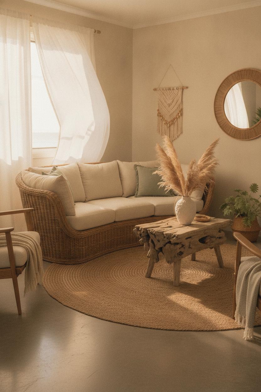 Coastal boho living room decor ideas with curved rattan sofa, pampas grass, and warm natural textures