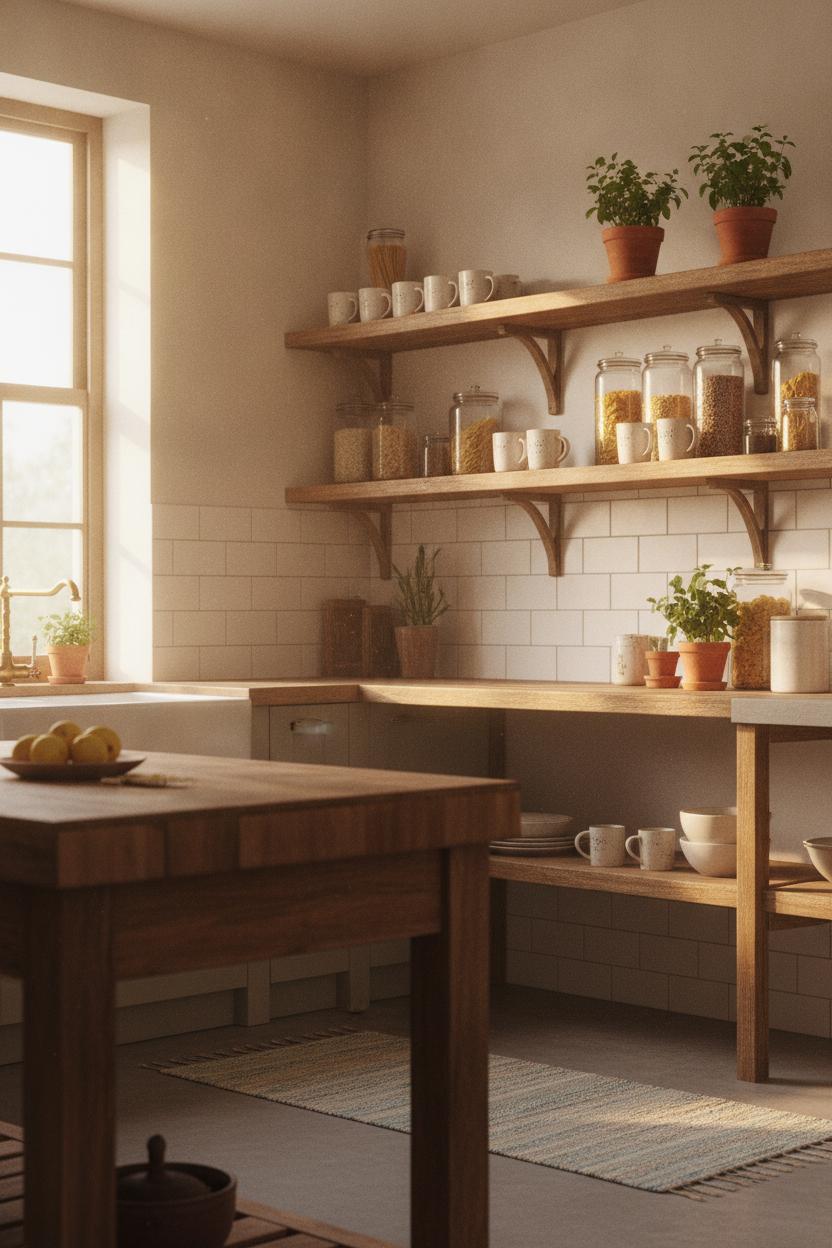 Bright farmhouse kitchen with reclaimed wood shelves, ceramic mugs, and herbs — fixer upper home decor style ideas