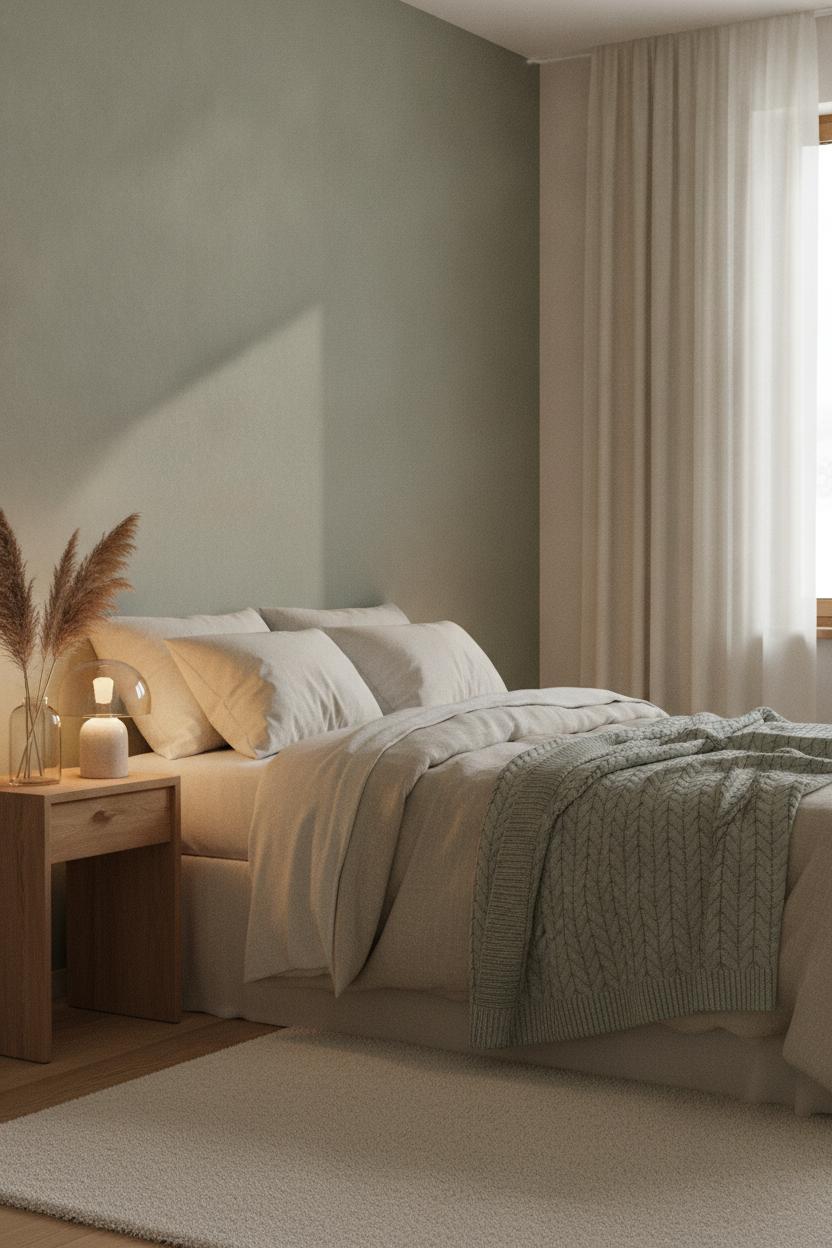 Cozy neutral bedroom with linen bedding and pampas grass — fixer upper home decor style ideas in sage and cream
