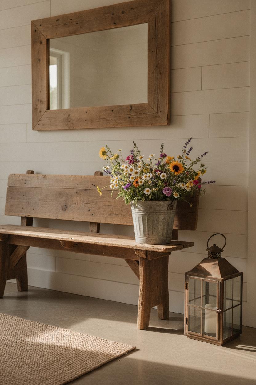 Farmhouse entryway with antique bench, wildflowers, and rustic mirror showcasing fixer upper home decor style ideas