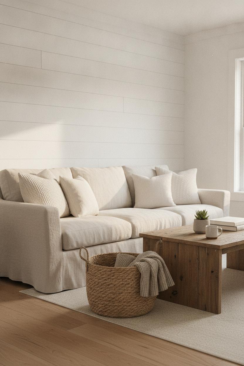 Cozy living room with white shiplap accent wall and linen sofa — <a href=
