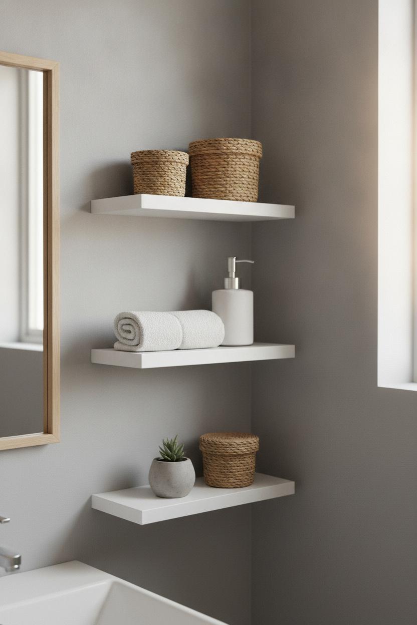 Three white floating shelves with baskets, towel, and succulent — small bathroom floating shelf ideas in minimalist style.