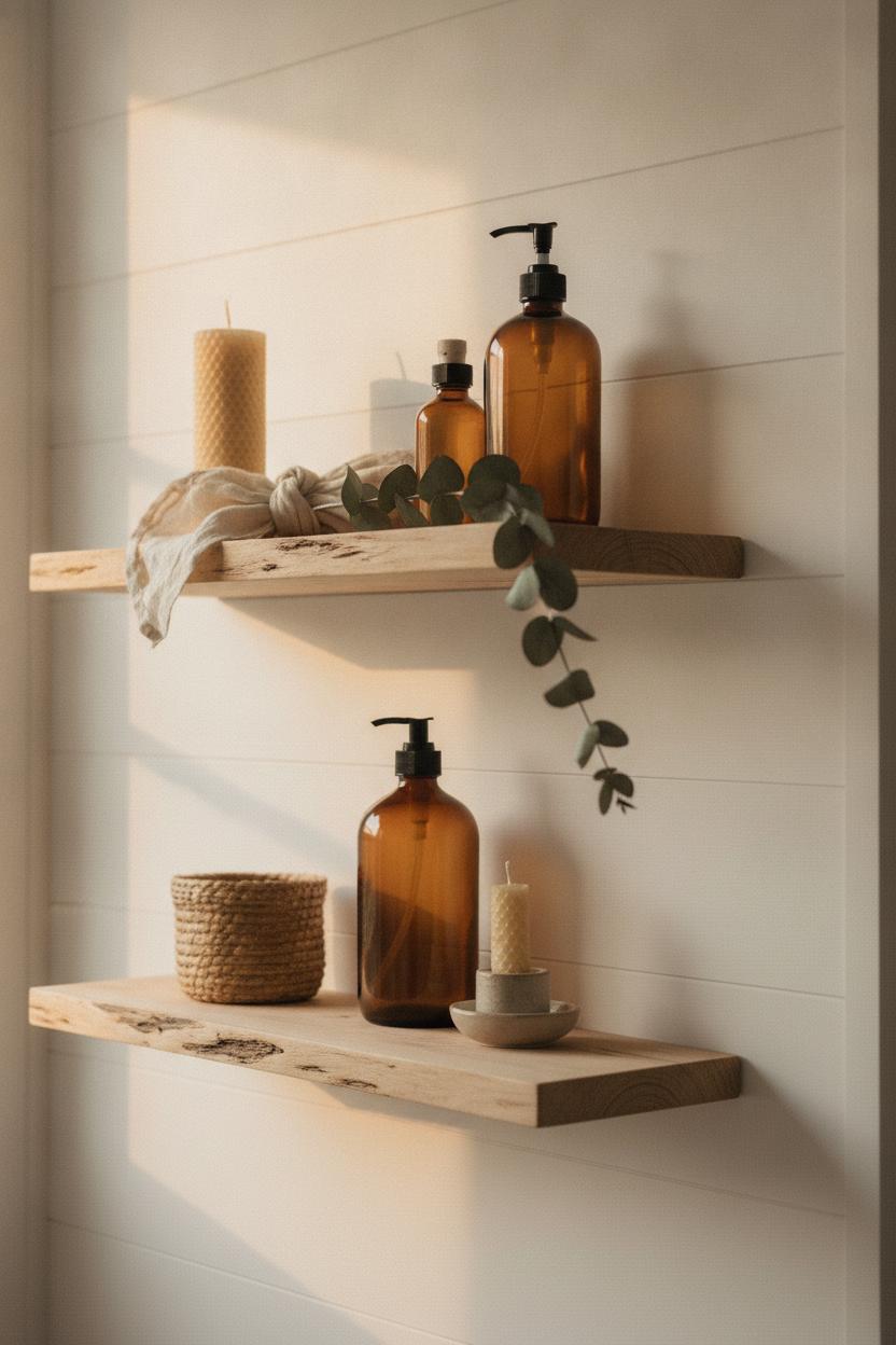 Raw wood floating shelves styled with candles and amber bottles — cozy small bathroom floating shelf ideas with hygge decor