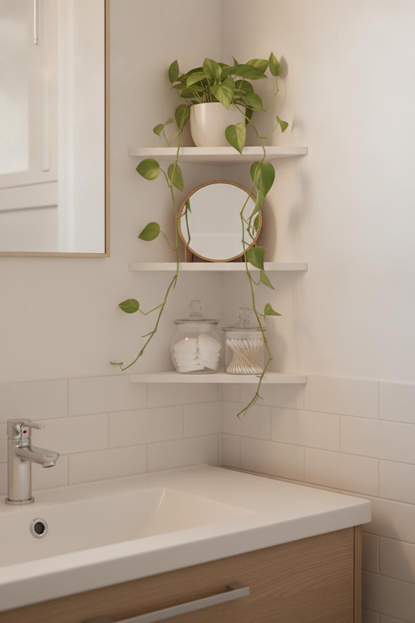 Triangular corner floating shelves in small bathroom holding pothos plant, mirror, and apothecary jars — minimalist shelf ideas