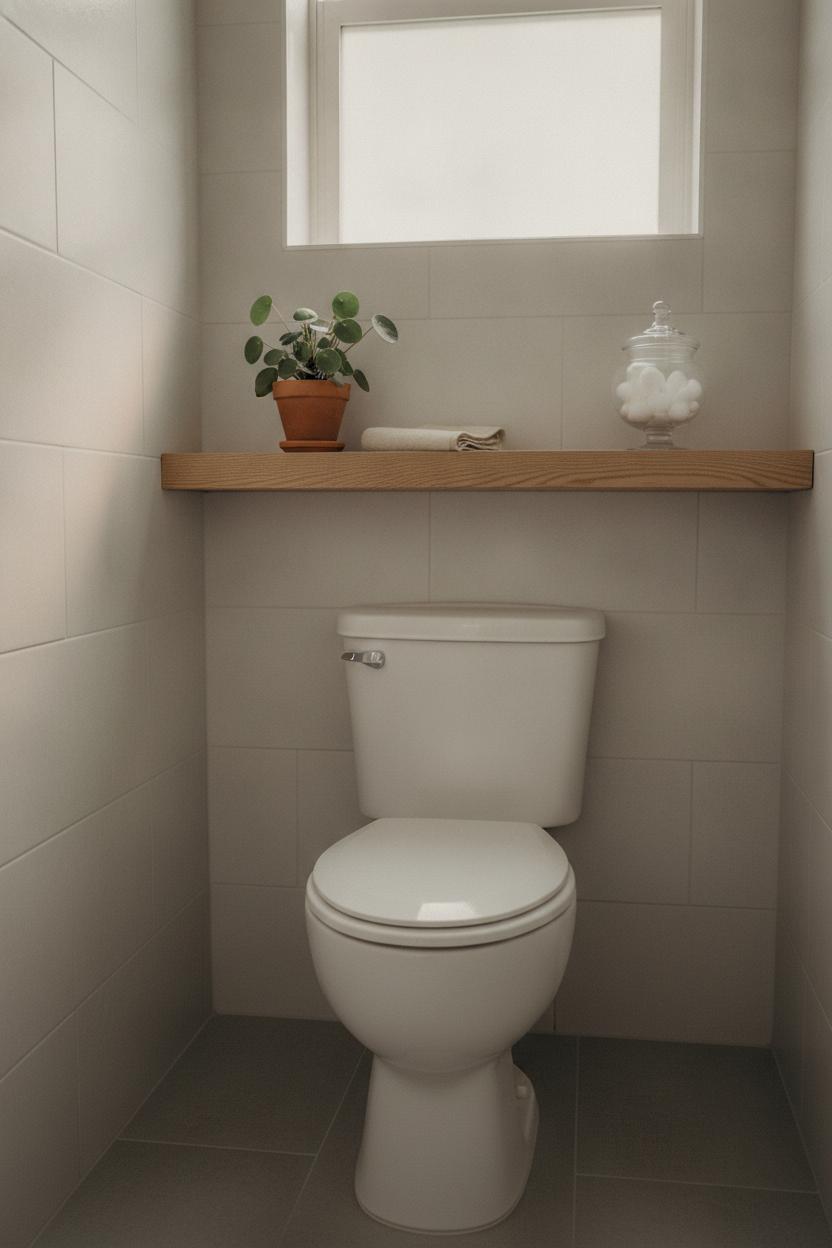 White oak floating shelf above toilet styled with plant, towel, and cotton jar — small bathroom floating shelf ideas