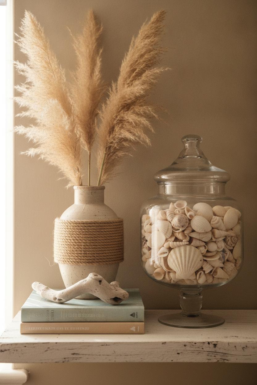 Coastal shelf styled with seashells, driftwood, pampas grass vase, and books — beach house decorating ideas on a budget