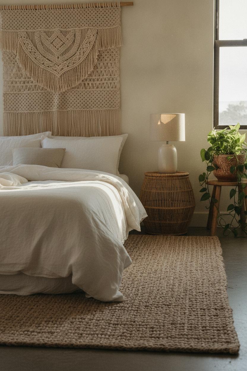 Cozy coastal bedroom with jute rug, rattan nightstand, and linen duvet — beach house decorating ideas on a budget