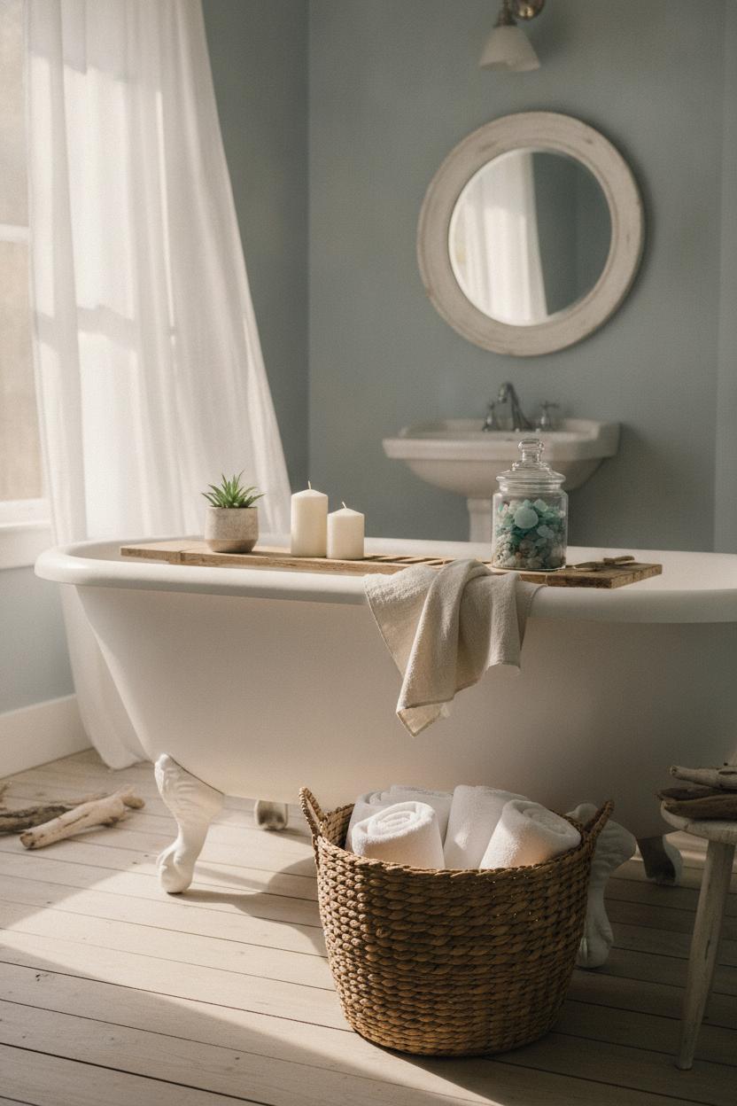 Coastal bathroom with wooden bath tray, candles, succulent, and woven basket — beach house decorating ideas on a budget