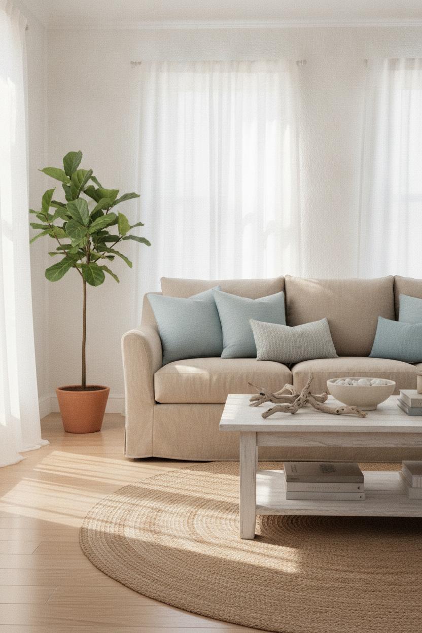 Bright coastal living room with beige linen sofa, pale blue pillows, and driftwood accents — beach house decorating ideas on a budget