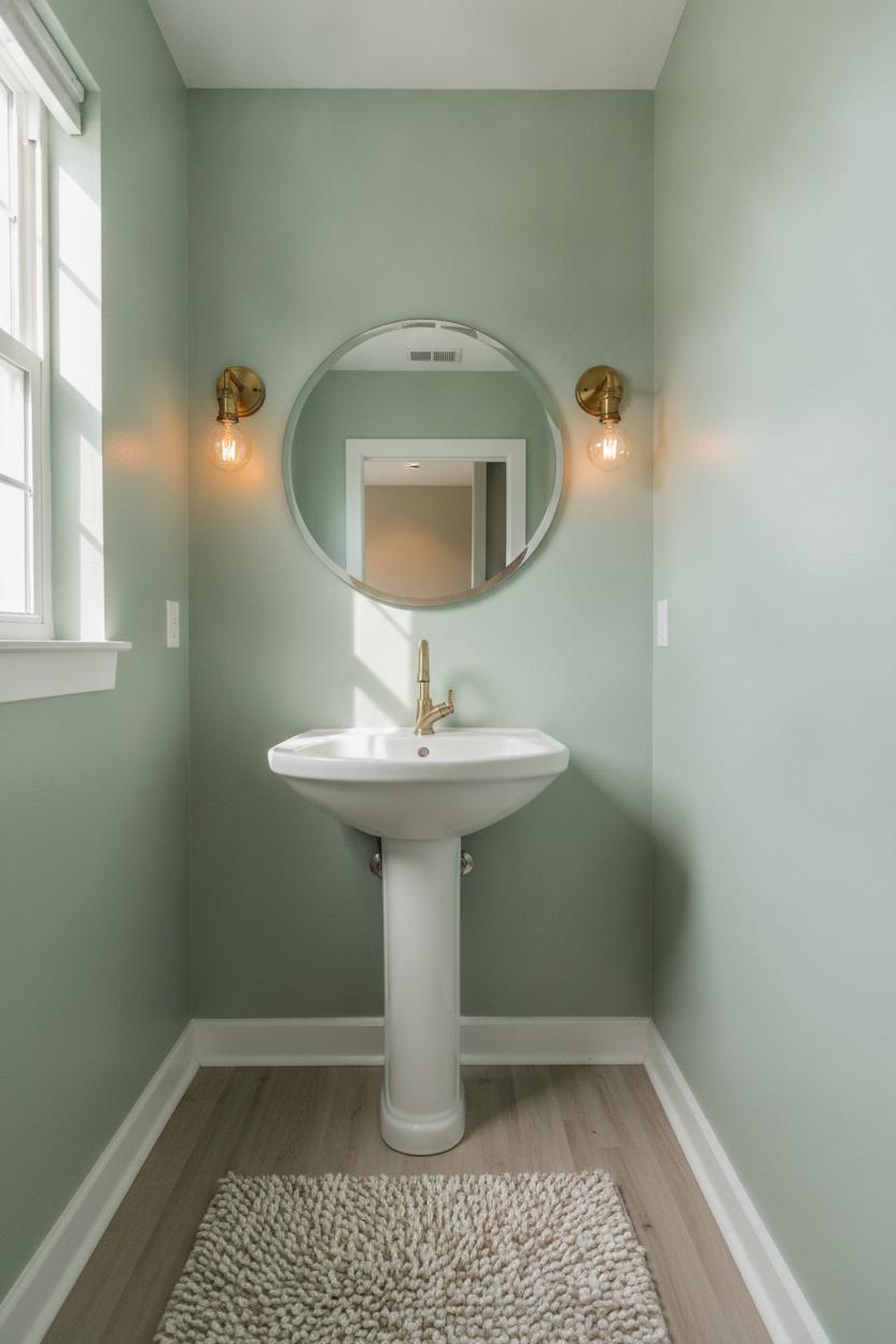 Small bathroom with sage green walls, brushed gold faucet, round mirror, and woven bath mat — tiny bathroom makeover on a budget