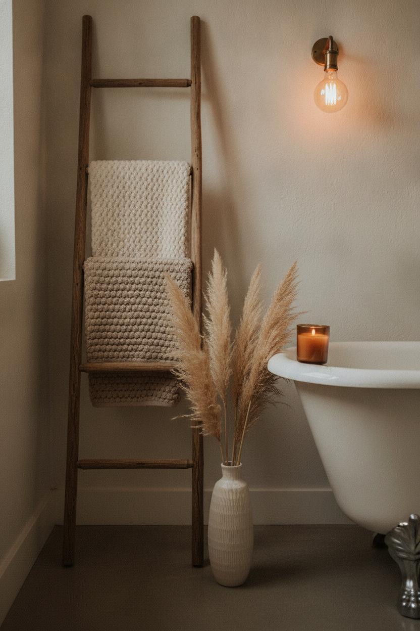 Cozy tiny bathroom makeover on a budget with wooden ladder rack, knit towels, amber candle, and pampas grass décor