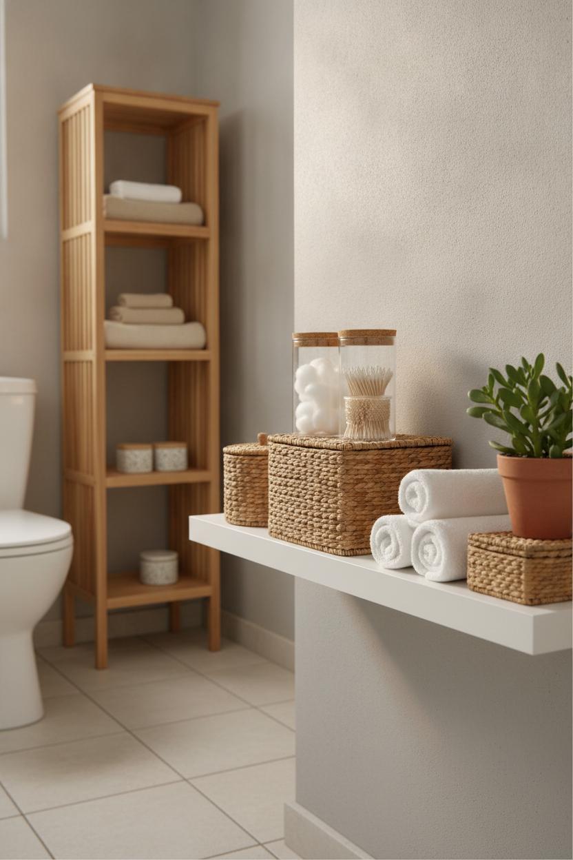 Floating shelf with rattan baskets and glass jars in a tiny bathroom makeover on a budget storage setup