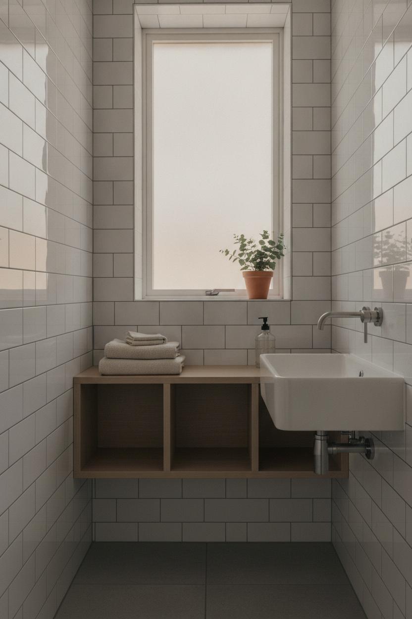 Clean minimalist small bathroom with white subway tiles, linen towels, and eucalyptus plant — tiny bathroom makeover on a budget