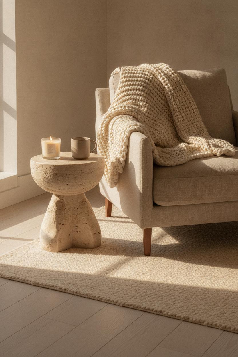 Minimalist living room decorating ideas with cream knit throw, linen armchair, travertine table, and candle in warm natural light