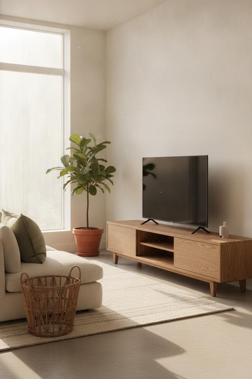Minimalist living room decorating ideas with oak console, rattan basket, fiddle leaf fig, and sage linen cushion