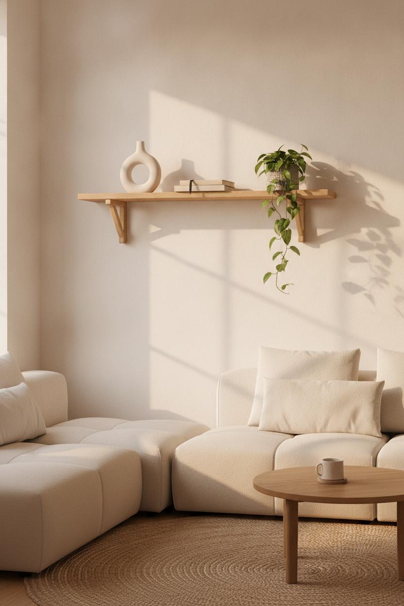 Minimalist living room decorating ideas: shelf with white vase, hardcover book, and pothos in concrete pot