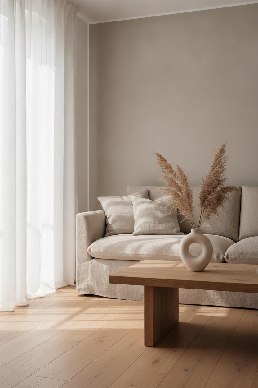 Minimalist living room decorating ideas with linen sofa, oak floors, and ceramic vase with pampas grass in warm natural light