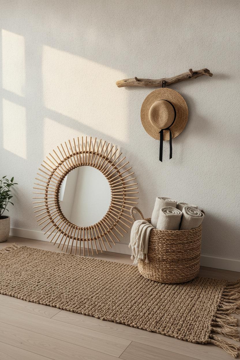 Cozy coastal boho entryway with rattan mirror, jute runner, woven basket, and driftwood hook rack on light wood floors