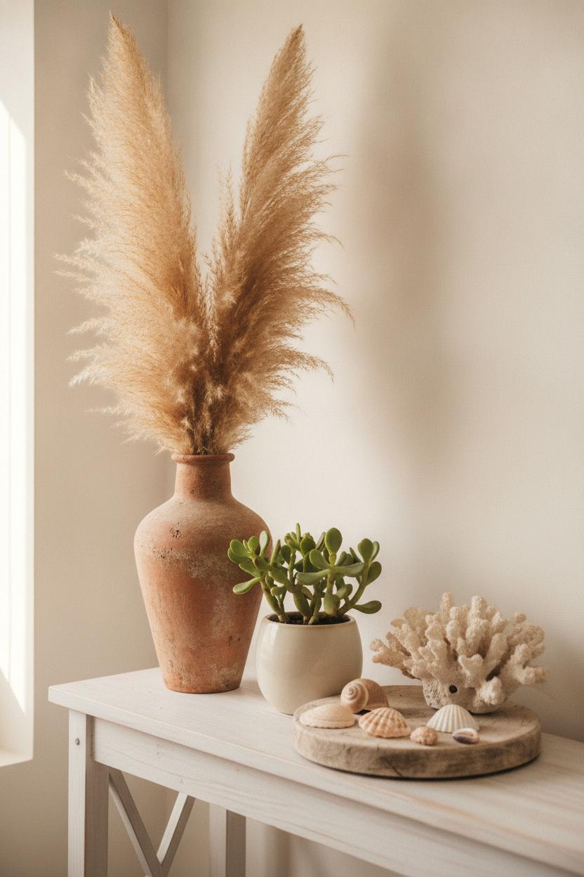 Coastal boho entryway styling with pampas grass in terracotta vase, succulent, coral, and seashells on white console table