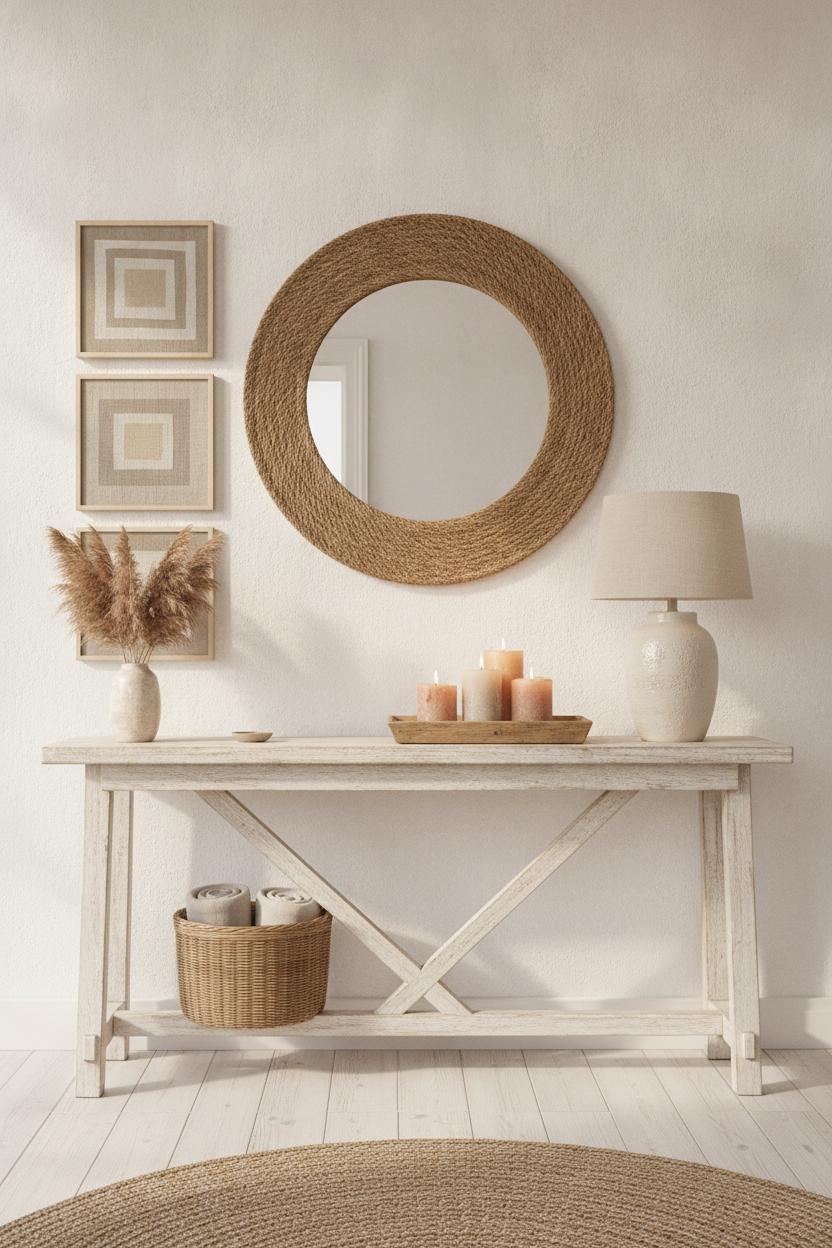 Coastal boho entryway styled with jute mirror, linen artwork, ceramic lamp, and pillar candles on console table