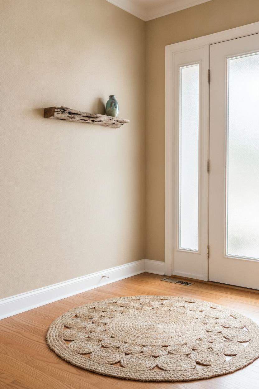 Bright coastal boho entryway with sandy beige walls, jute rug, hardwood floors, and driftwood shelf with coastal vase