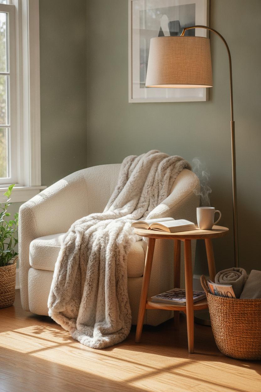 Cozy home aesthetic interior design reading nook with bouclé armchair, faux fur throw, and warm amber floor lamp