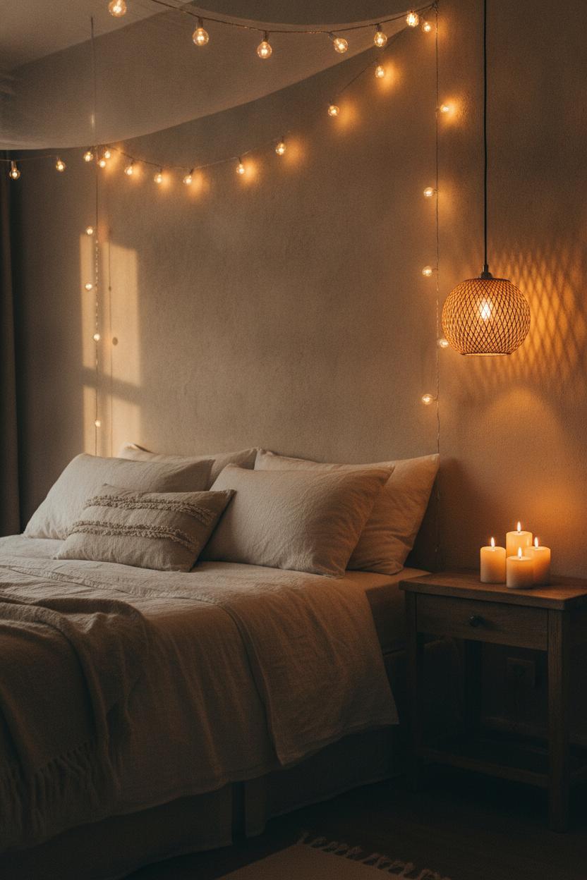 Cozy home aesthetic interior design with Edison string lights, ivory linen bedding, and candlelit rustic nightstand at dusk