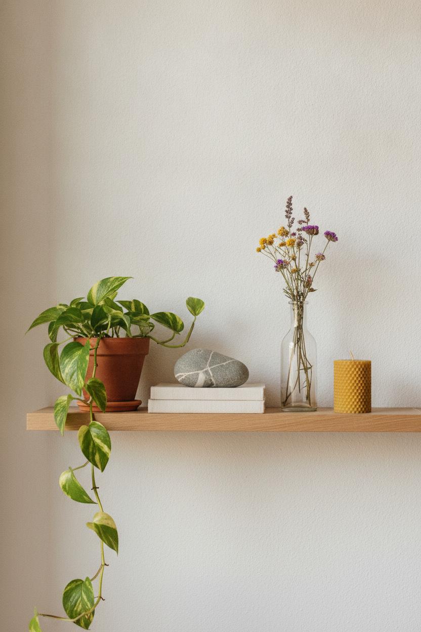 Minimalist shelf with terracotta pothos, stone sculpture, linen books, and beeswax candle — cozy home aesthetic interior design