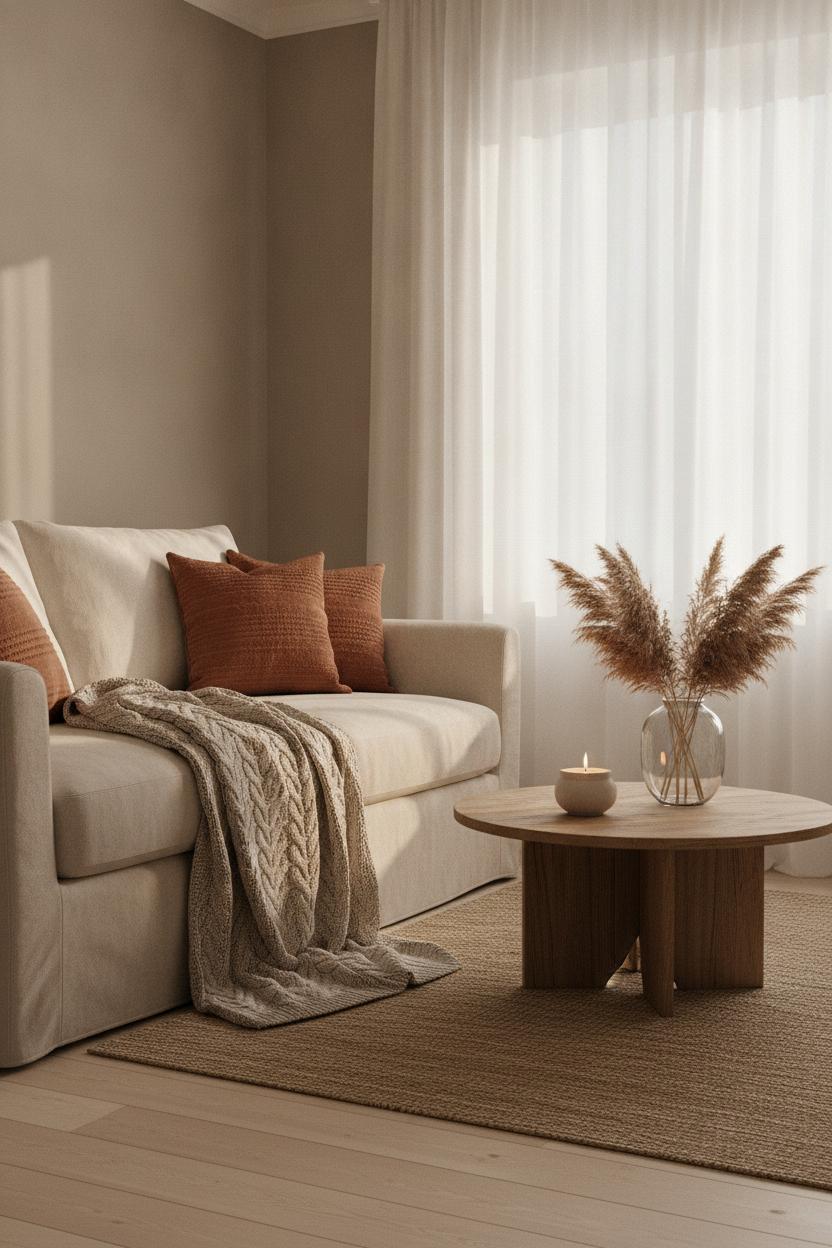 Cozy home aesthetic interior design with linen sofa, knit throws, terracotta cushions, and pampas grass in warm greige living room