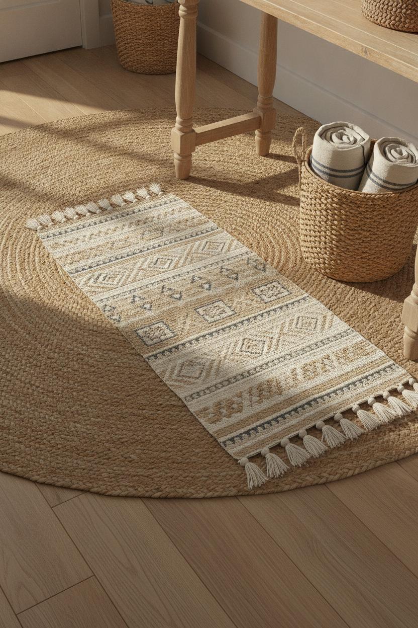 Coastal boho entryway with layered jute and woven runner rug, wicker basket, and warm afternoon light