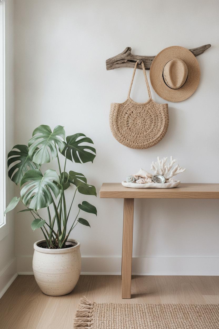 Coastal boho entryway styled with tropical plant, woven tote, straw hat, and shell tray on oak console