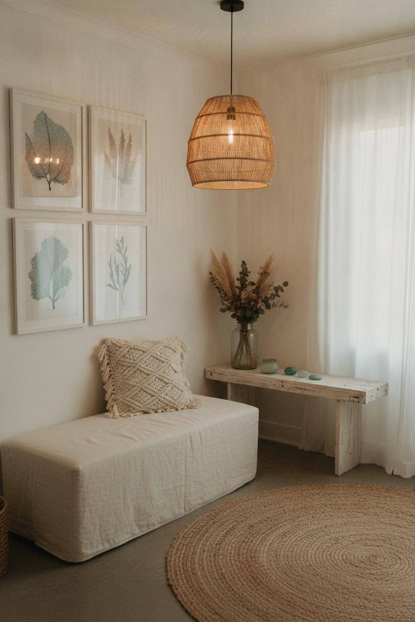 Coastal boho entryway styled with rattan pendant light, linen bench, botanical prints, and dried wildflowers at dusk