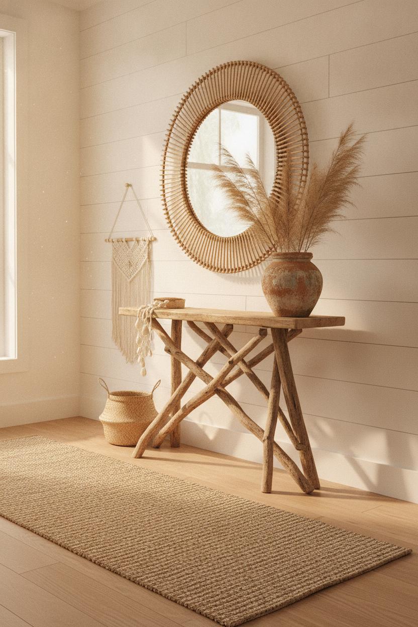Coastal boho entryway with round rattan mirror, jute runner, driftwood console, terracotta pot, and pampas grass