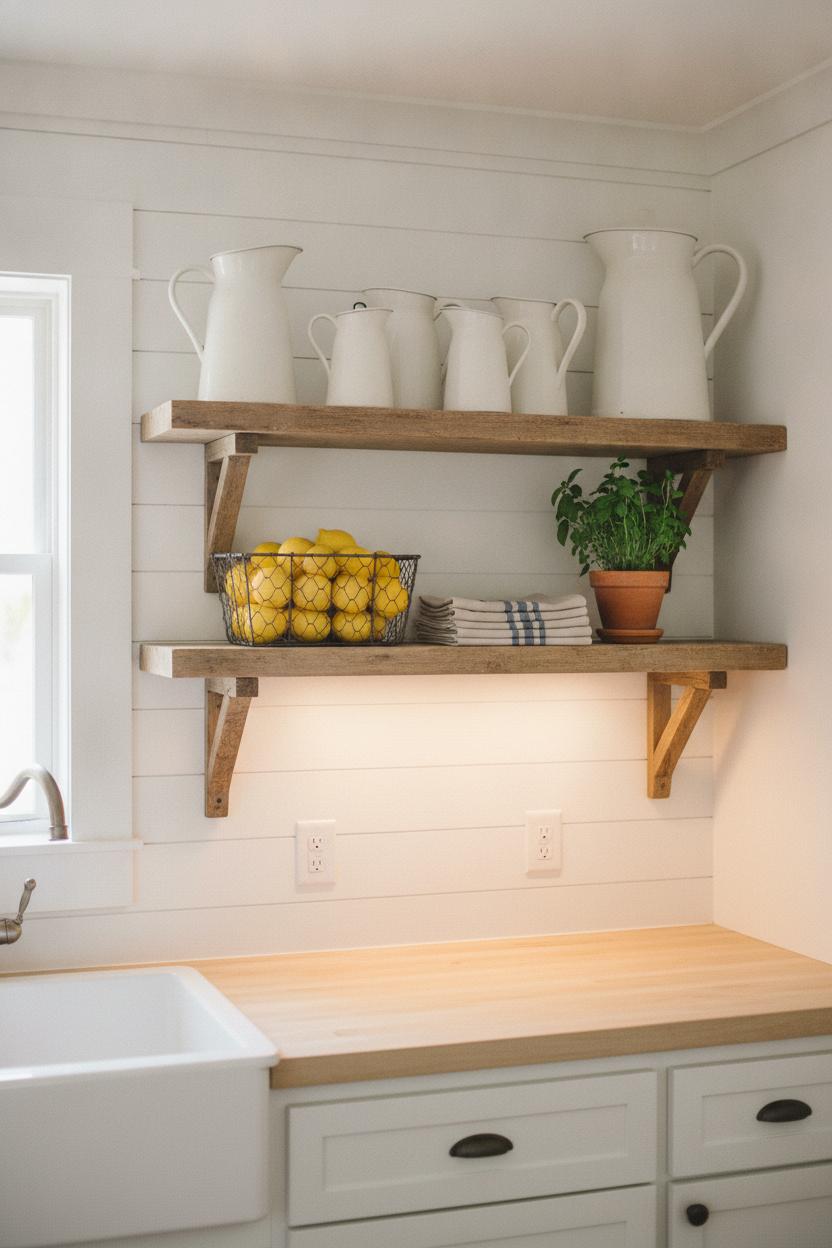 Cozy farmhouse kitchen shelves with ironstone pitchers, lemons, and herbs — fixer upper style home decor on a budget